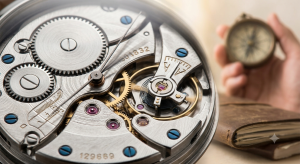Close-up of an intricate mechanical watch internal movement with gears and springs, symbolizing perfect timing.
