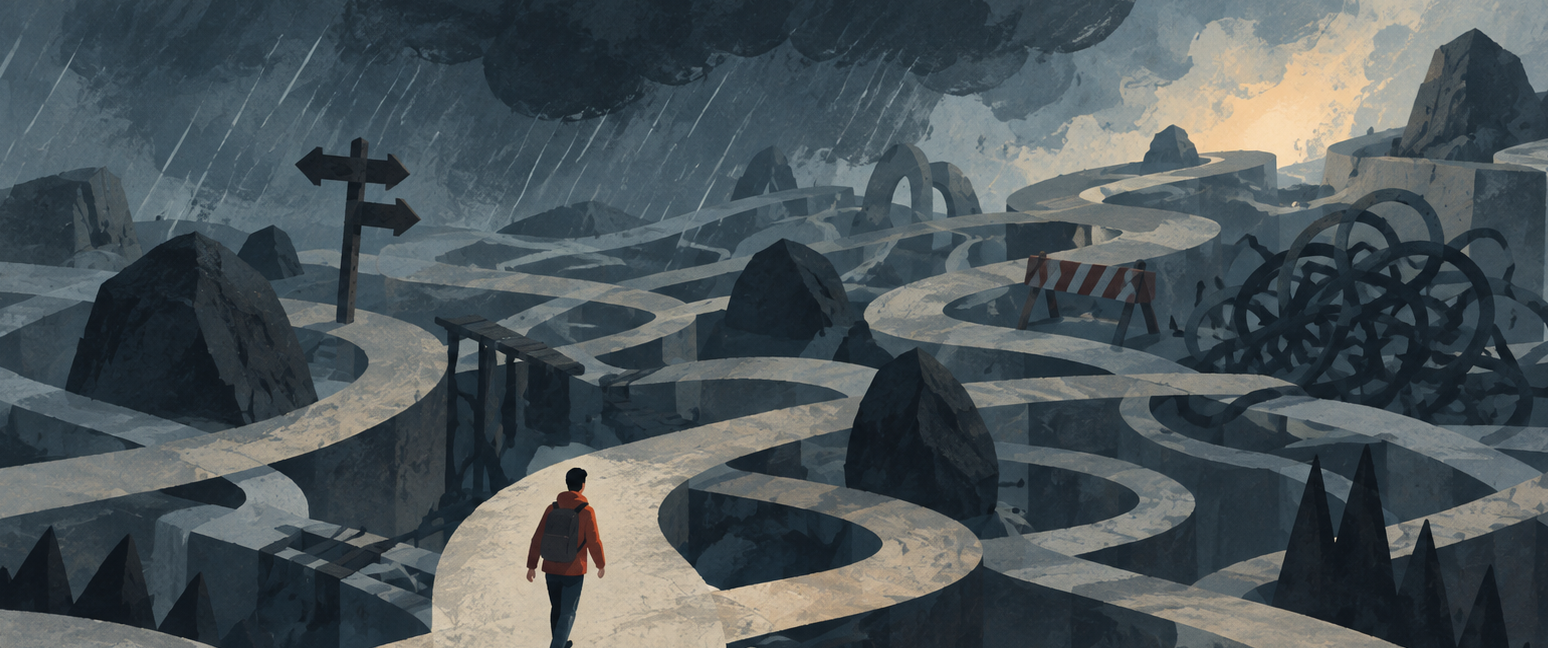 A lone figure walking a lit path through a dark, storm-like maze, symbolizing resilience through difficulty